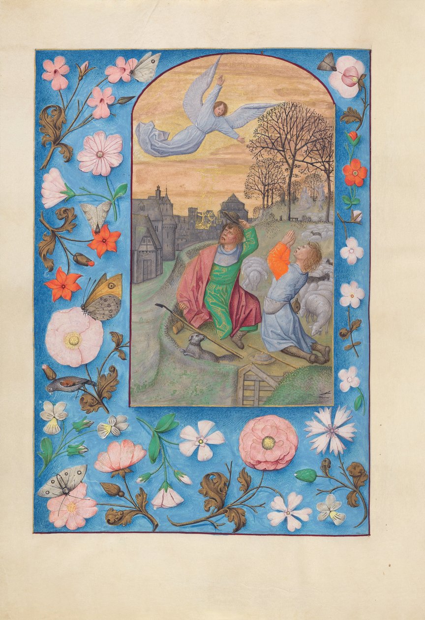 Espanjan kuningattaren Isabella katolisen tunteja:  Fol. 131v, Ilmestyskirja paimenille. tekijältä Master of the First Prayerbook of Maximillian