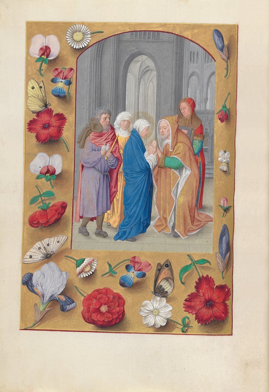 Kuningatar Isabella Katolisen, Espanjan kuningatar: Fol. 141v, esitys temppelissä, c1500. tekijältä Master of the First Prayerbook of Maximillian