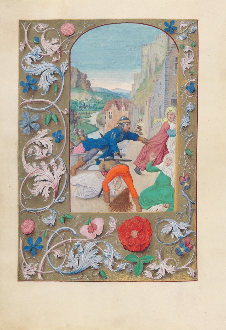 Espanjan kuningattaren Isabella katolisen tunteja:  Fol. 146v, viattomien teurastus ja pako Egyptiin. tekijältä Master of the First Prayerbook of Maximillian