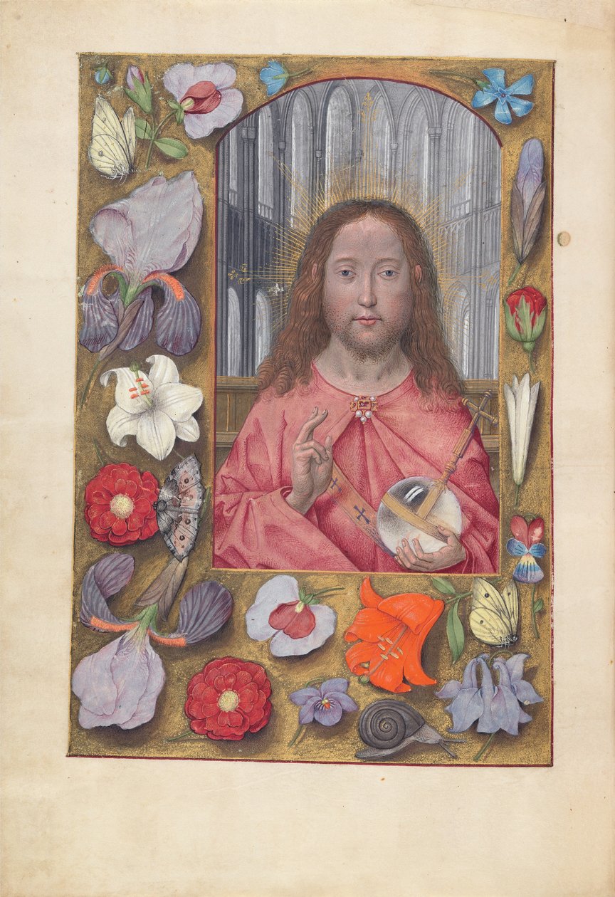 Espanjan kuningattaren Isabella katolisen tunteja:  Fol. 14v, Salvator Mundi tekijältä Master of the First Prayerbook of Maximillian