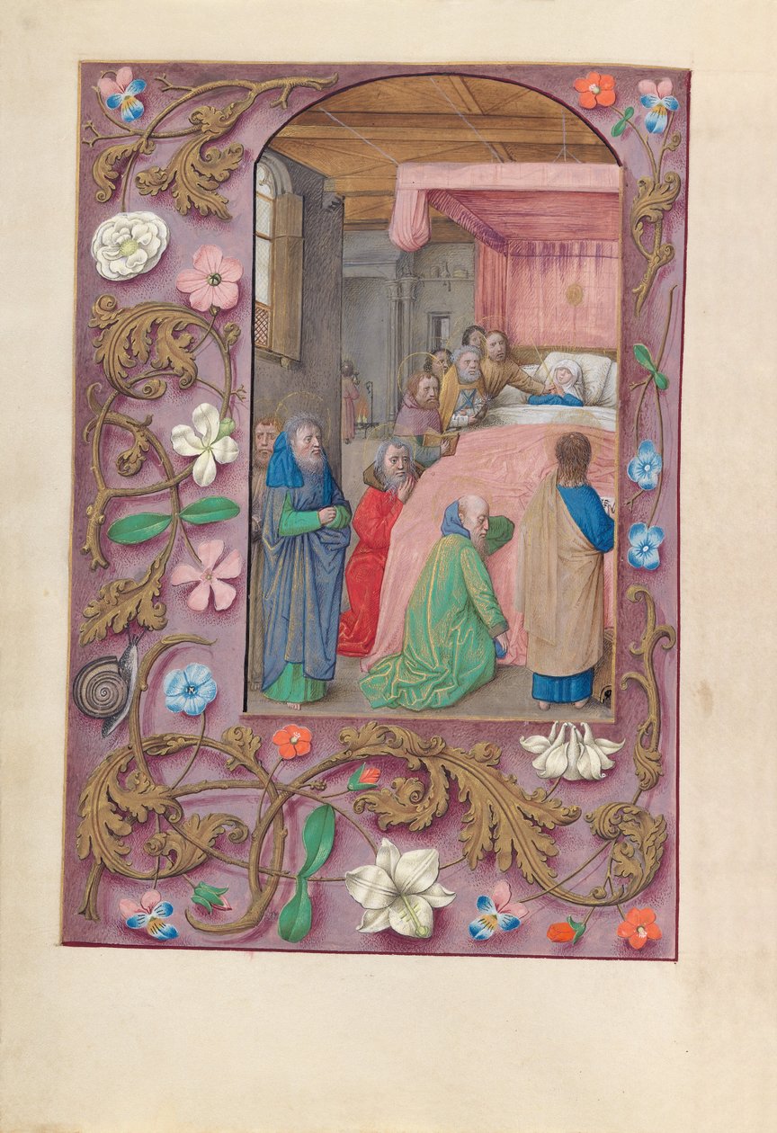 Espanjan kuningattaren Isabella katolisen tunteja:  Fol. 154v, Neitsyt Marian kuolema tekijältä Master of the First Prayerbook of Maximillian