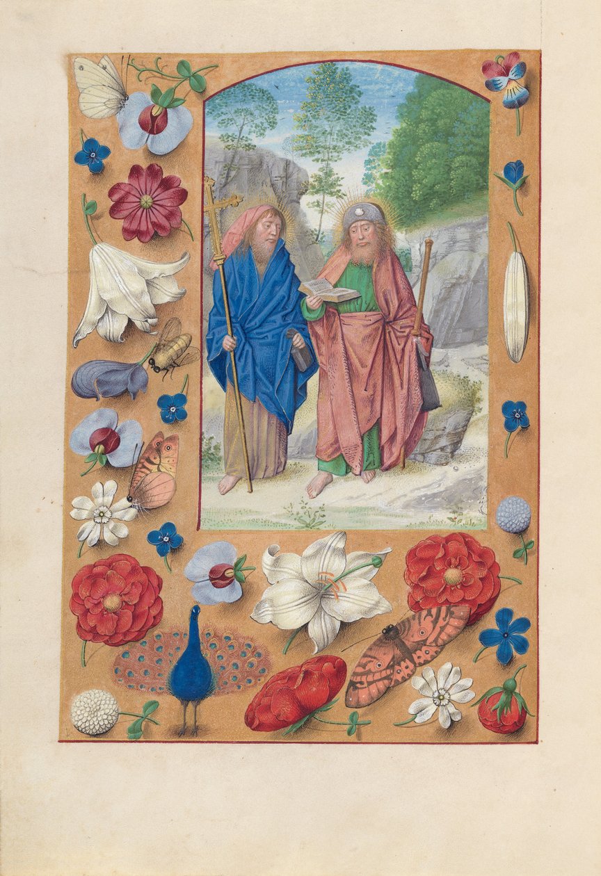 Espanjan kuningattaren Isabella katolisen tunteja:  Fol. 175v, Pyhät Filippus ja Jaakob tekijältä Master of the First Prayerbook of Maximillian