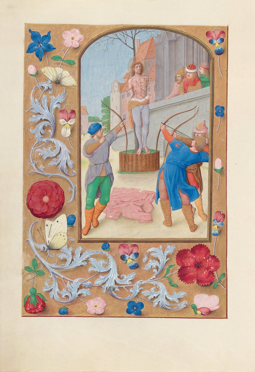 Kuningatar Isabella Katolisen, Espanjan kuningatar: Fol. 177v, St. Sebastian, c. 1500. tekijältä Master of the First Prayerbook of Maximillian