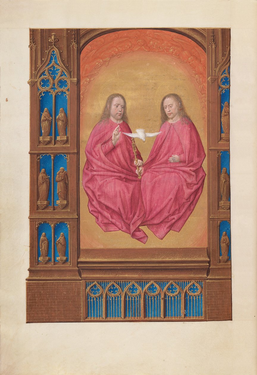 Espanjan kuningattaren Isabella katolisen tunteja:  Fol. 17v, Kolminaisuus tekijältä Master of the First Prayerbook of Maximillian
