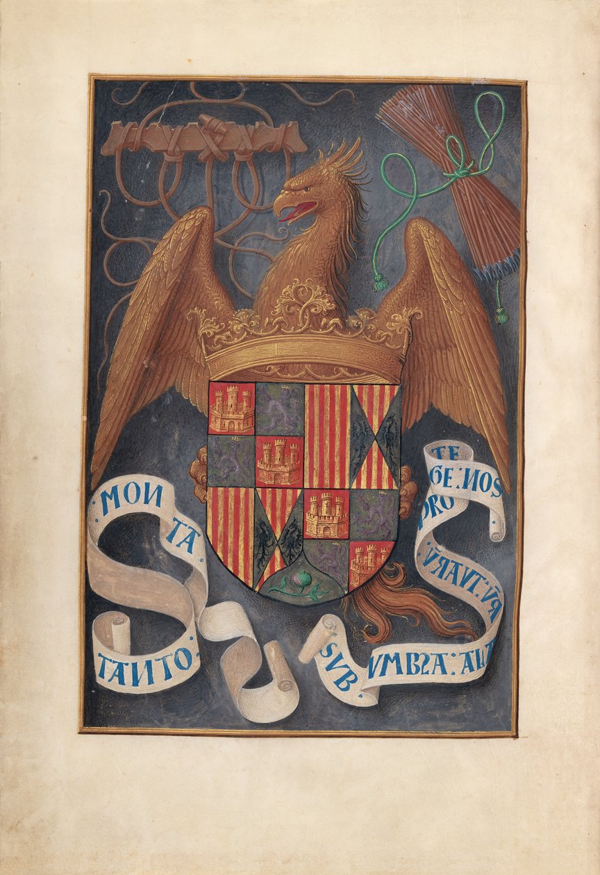 Kuningatar Isabella Katolisen, Espanjan kuningatar: Fol. 1v, Arms and Mottoes of Isabel..., c1500. tekijältä Master of the First Prayerbook of Maximillian