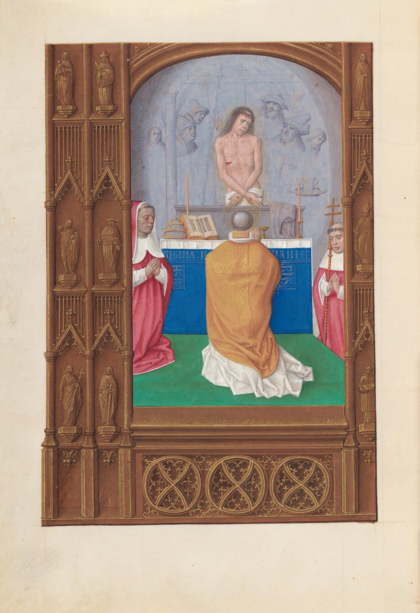 Espanjan kuningattaren Isabella katolisen tunteja:  Fol. 264v, Pyhän Gregoriuksen messu tekijältä Master of the First Prayerbook of Maximillian