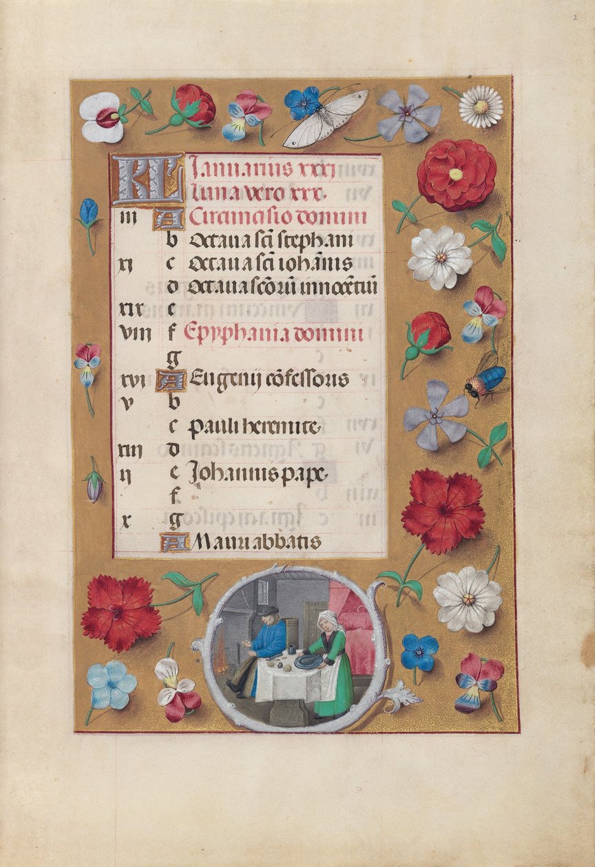 Espanjan kuningattaren Isabella katolisen tunteja:  Fol. 2r, tammikuu - juhla tekijältä Master of the First Prayerbook of Maximillian