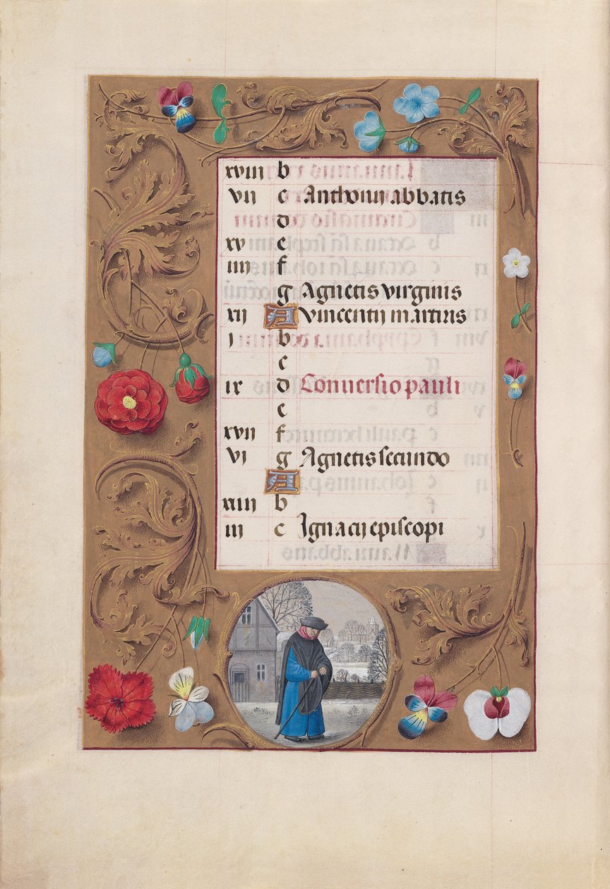 Kuningatar Isabella Katolisen, Espanjan kuningatar: Fol. 2v, tammikuu - Lumimaisema, n. 1500. tekijältä Master of the First Prayerbook of Maximillian