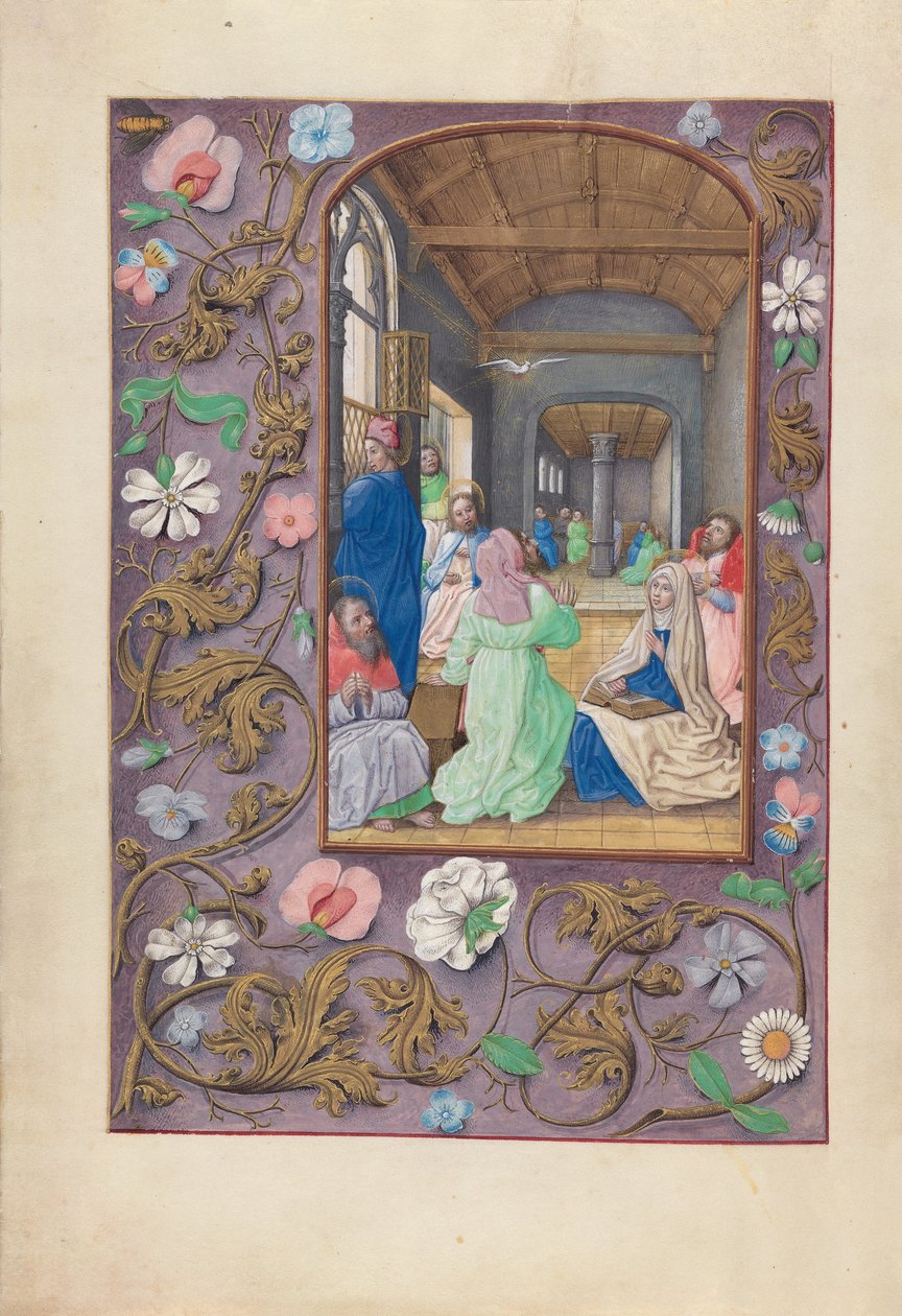 Kuningatar Isabella Katolisen, Espanjan kuningatar: Fol. 31v, helluntai, n. 1500. tekijältä Master of the First Prayerbook of Maximillian