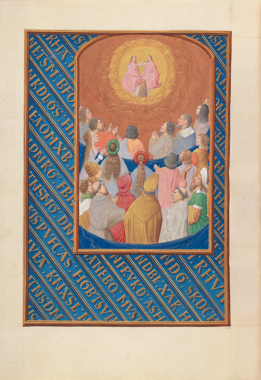 Kuningatar Isabella Katolisen, Espanjan kuningatar: Fol. 37v, Court of Heaven, c. 1500. tekijältä Master of the First Prayerbook of Maximillian