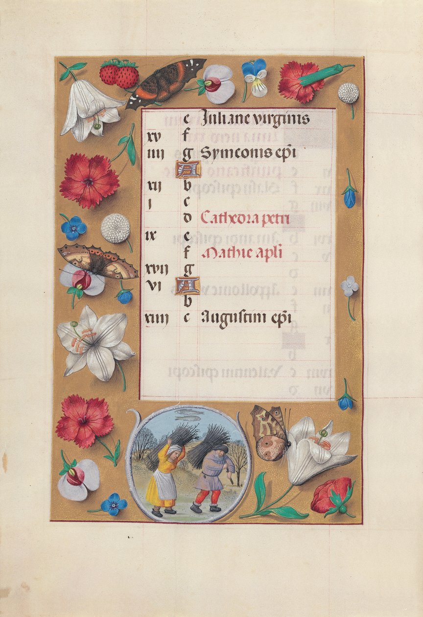 Kuningatar Isabella Katolisen, Espanjan kuningatar: Fol. 3v, helmikuu, c. 1500. tekijältä Master of the First Prayerbook of Maximillian
