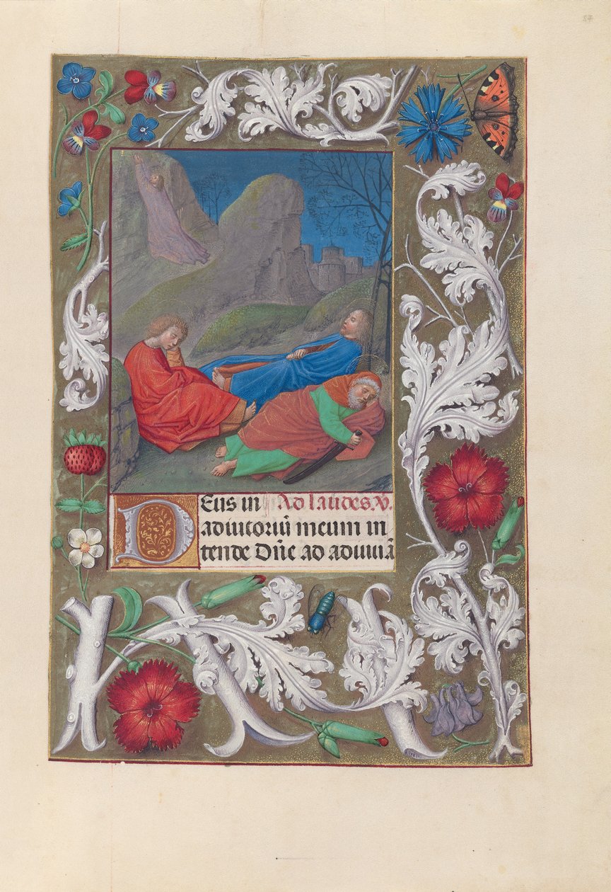 Espanjan kuningattaren Isabella katolisen tunteja:  Fol. 57r, Agonia puutarhassa tekijältä Master of the First Prayerbook of Maximillian