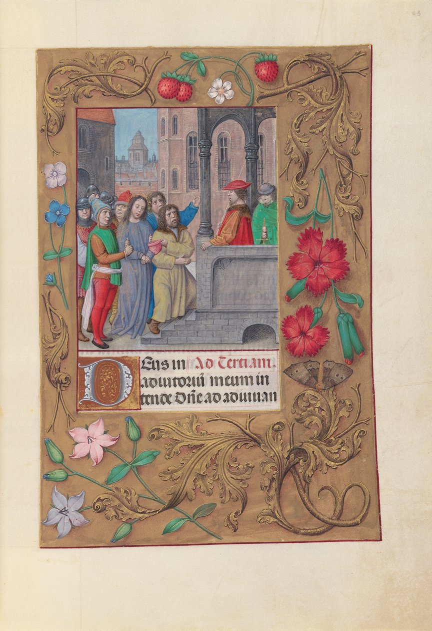 Kuningatar Isabella Katolisen, Espanjan kuningatar: Fol. 63r, Kristus Pilatuksen edessä, n. 1500. tekijältä Master of the First Prayerbook of Maximillian
