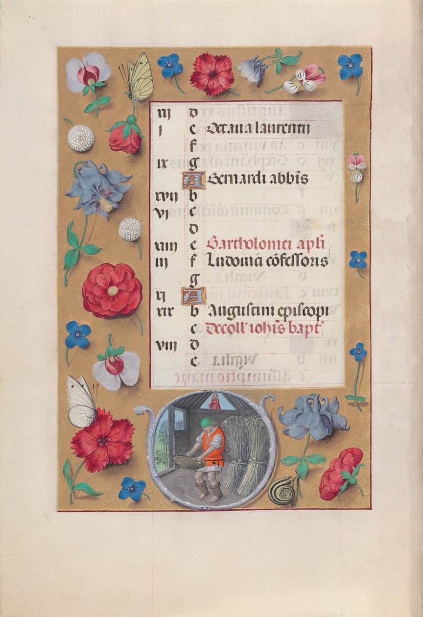Espanjan kuningattaren Isabella katolisen tunteja:  Fol. 9v, elokuu tekijältä Master of the First Prayerbook of Maximillian