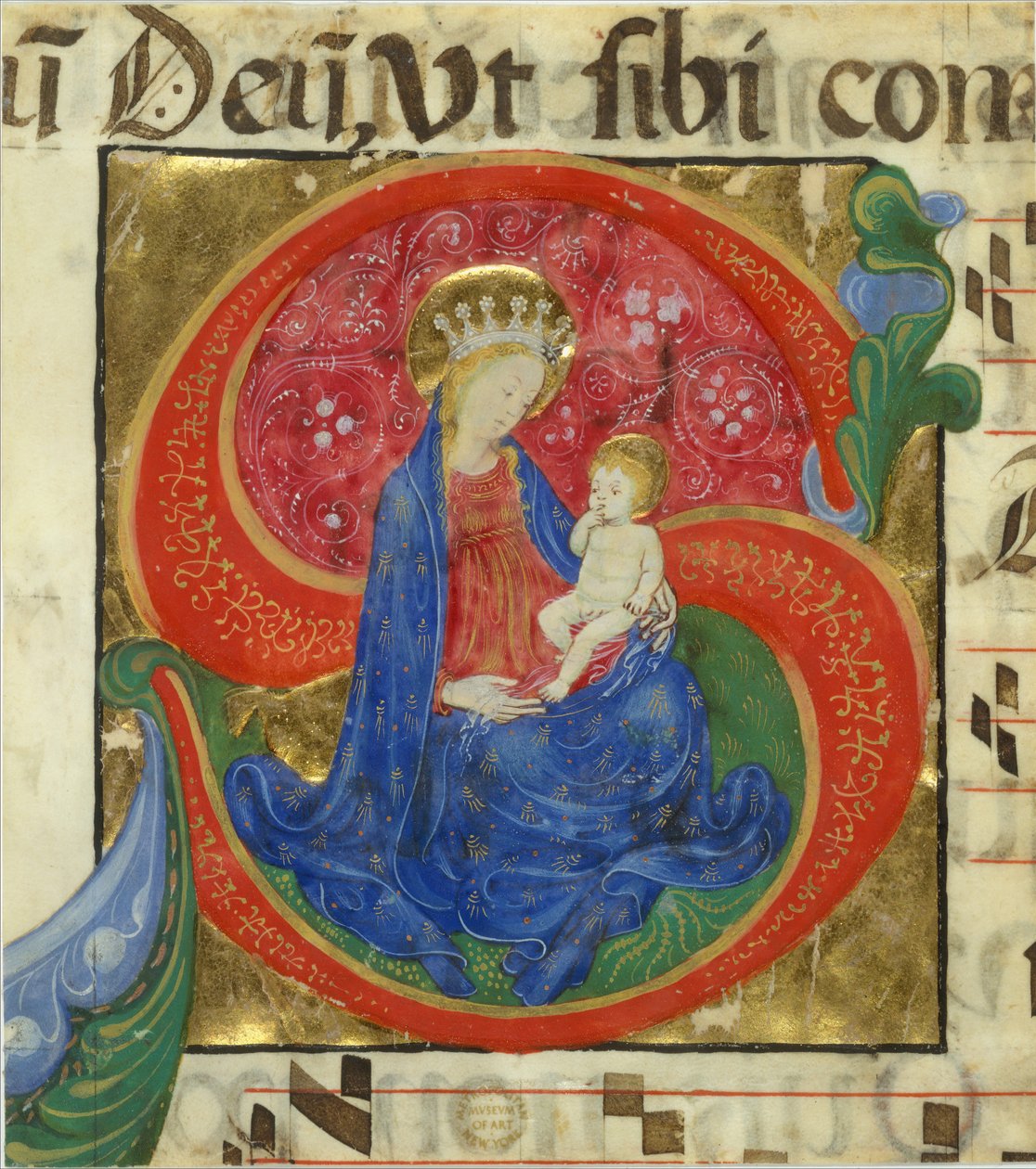 Käsikirjoitus Neitsyen ja lapsen kanssa S-kirjaimella, antifonaarista, 1500-luvun puoliväli tekijältä Master of the Franciscan Breviary
