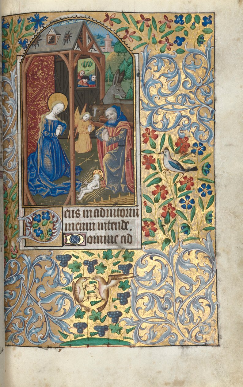 Tuntikirja (Rouenin käyttö): fol. 56r, Adoraatio paimenten kanssa / synnyttäminen tekijältä Master of the Geneva Latini