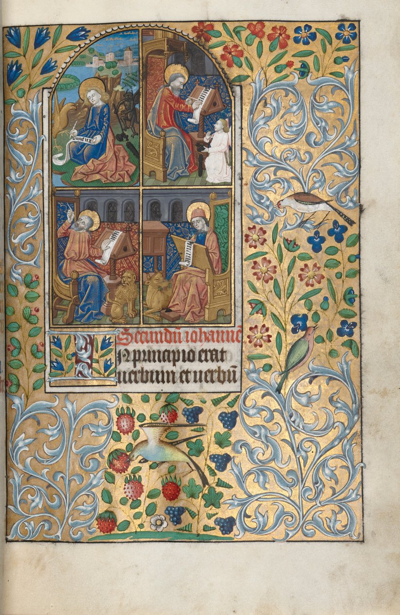 Tuntikirja Rouenin käyttö: fol. 13r, Neljä evankelistaa, n. 1470. tekijältä Master of the Geneva Latini