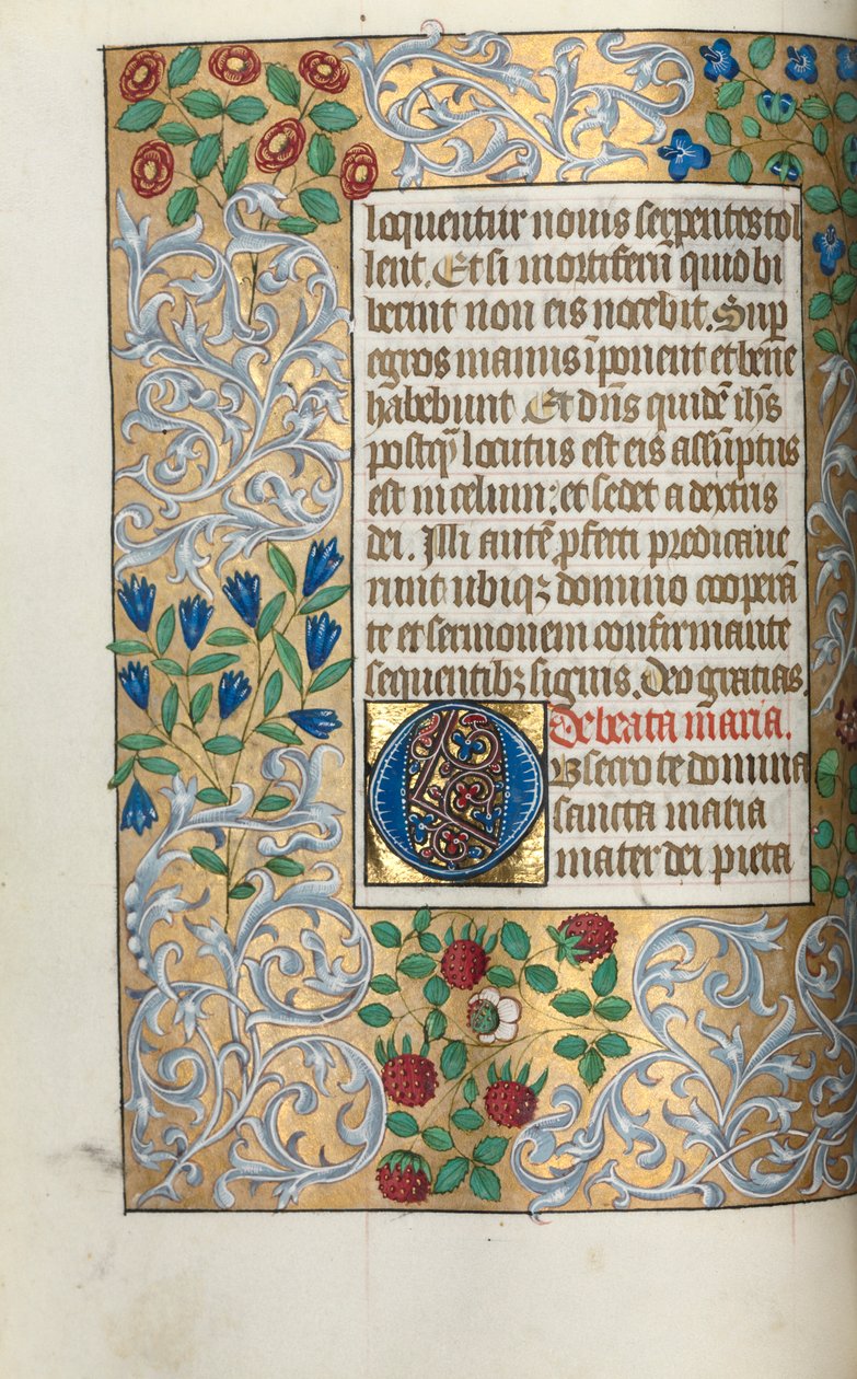 Tuntikirja Rouenin käyttö: fol. 18v, iso alkuO, jossa hieno reunus, n. 1470. tekijältä Master of the Geneva Latini