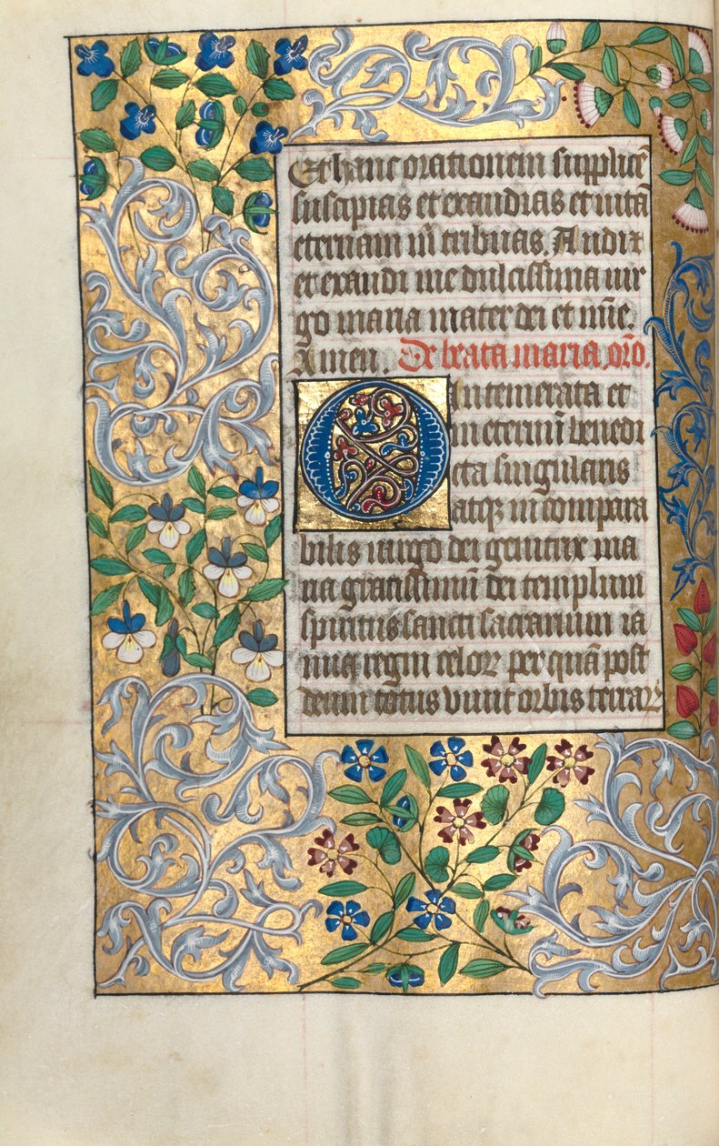Tuntikirja Rouenin käyttö: fol. 22v, iso alkuO, jossa hieno reunus, n. 1470. tekijältä Master of the Geneva Latini