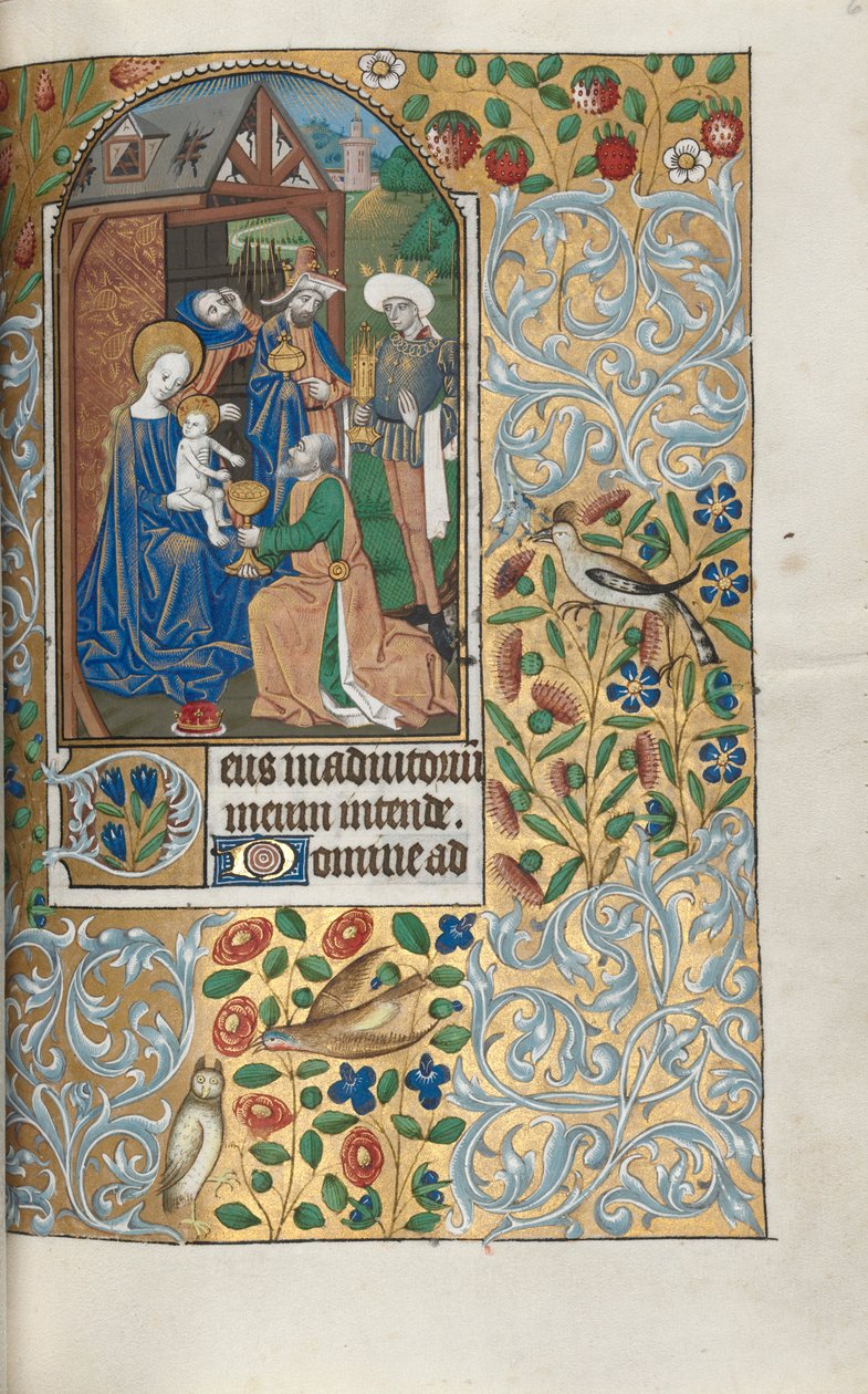 Tuntikirja Rouenin käyttö: fol. 64r, Adoration of the Magi, n. 1470. tekijältä Master of the Geneva Latini