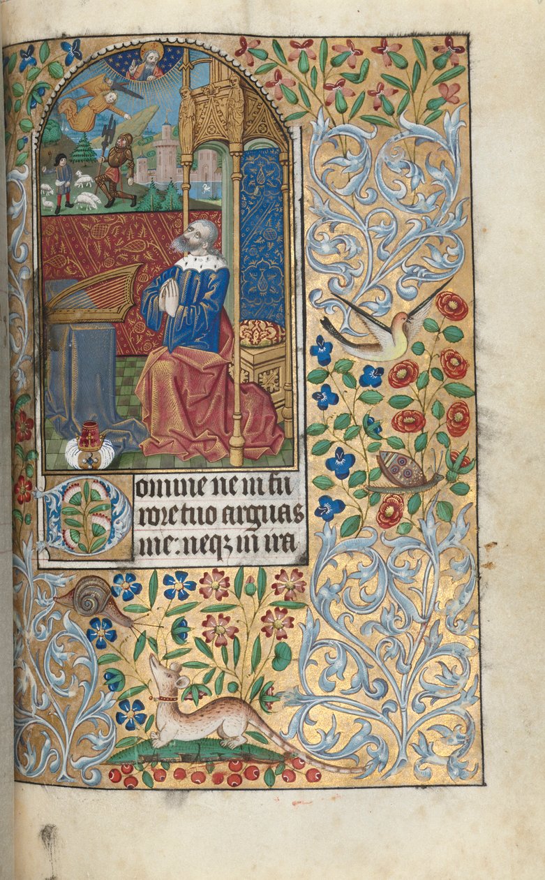Tuntikirja Rouenin käyttö: fol. 80r, David katuva, kaukaisuudessa David Slaying Goliath, c1470 tekijältä Master of the Geneva Latini