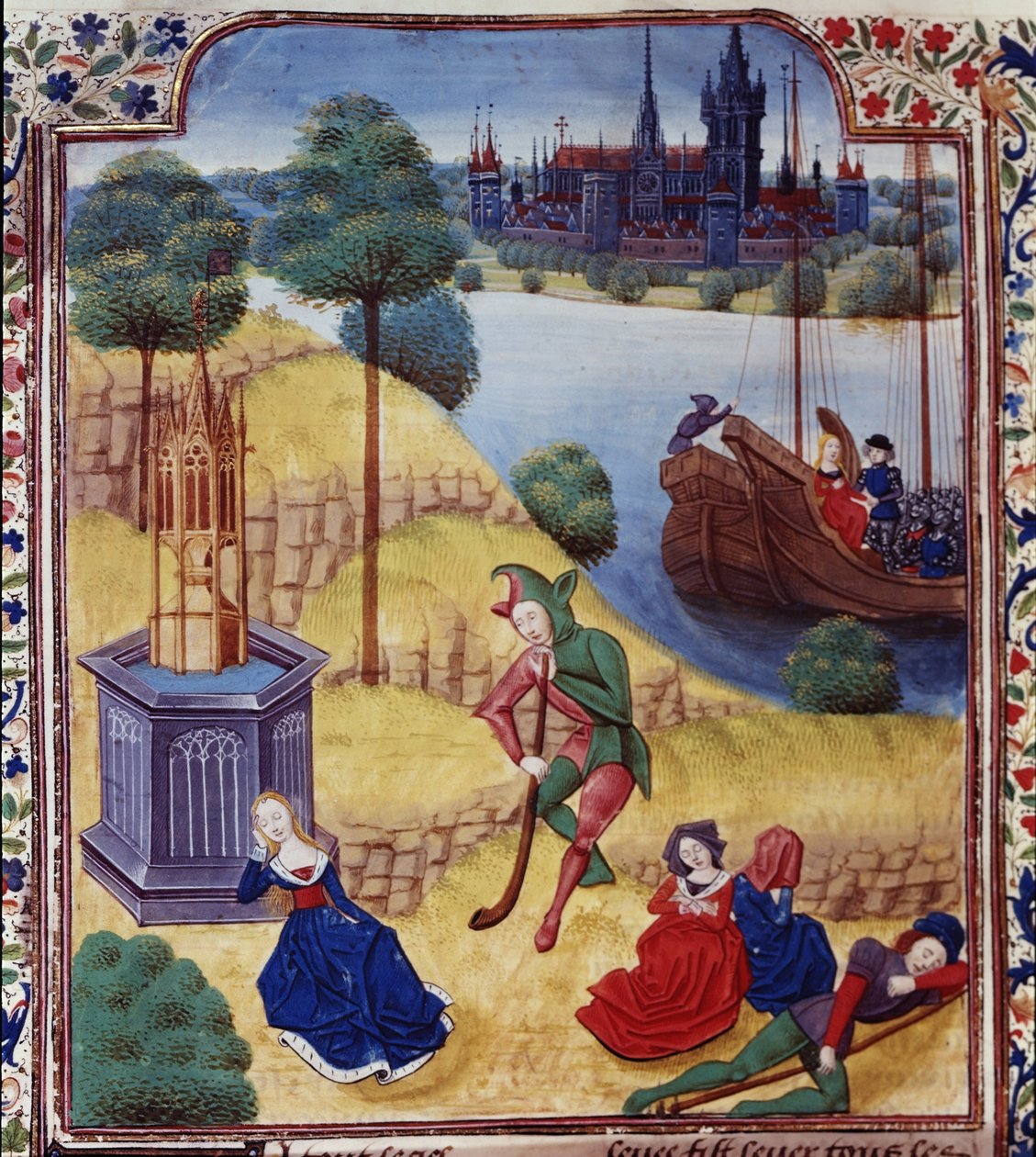 Lisää 35322 fol.227v Ephigenia ja Cimone, Giovanni Boccaccion (1313-75) "Decameron", n. 1475 (vellum) tekijältä Master of the Harley Froissart