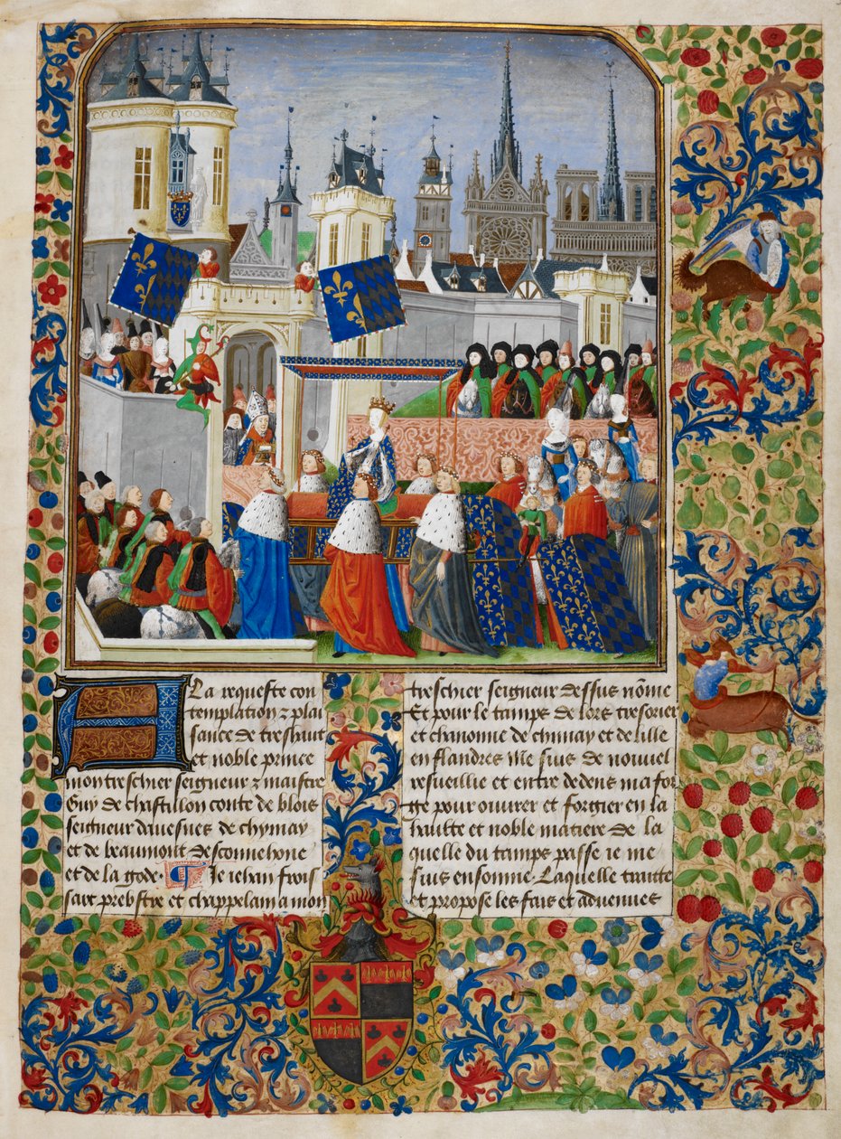 Isabeau of Baijeri, kuvitus "The Harley Froissartista", n. 1470-1472 (mustetta ja kultaa pergamentissa) tekijältä Master of the Harley Froissart