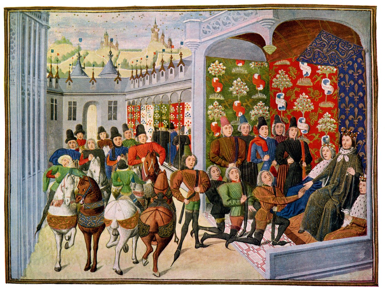 Ranskan kuningas Henrik VI vastaanottaa Englannin lähettiläät 1400-luvulla. tekijältä Master of the Harley Froissart