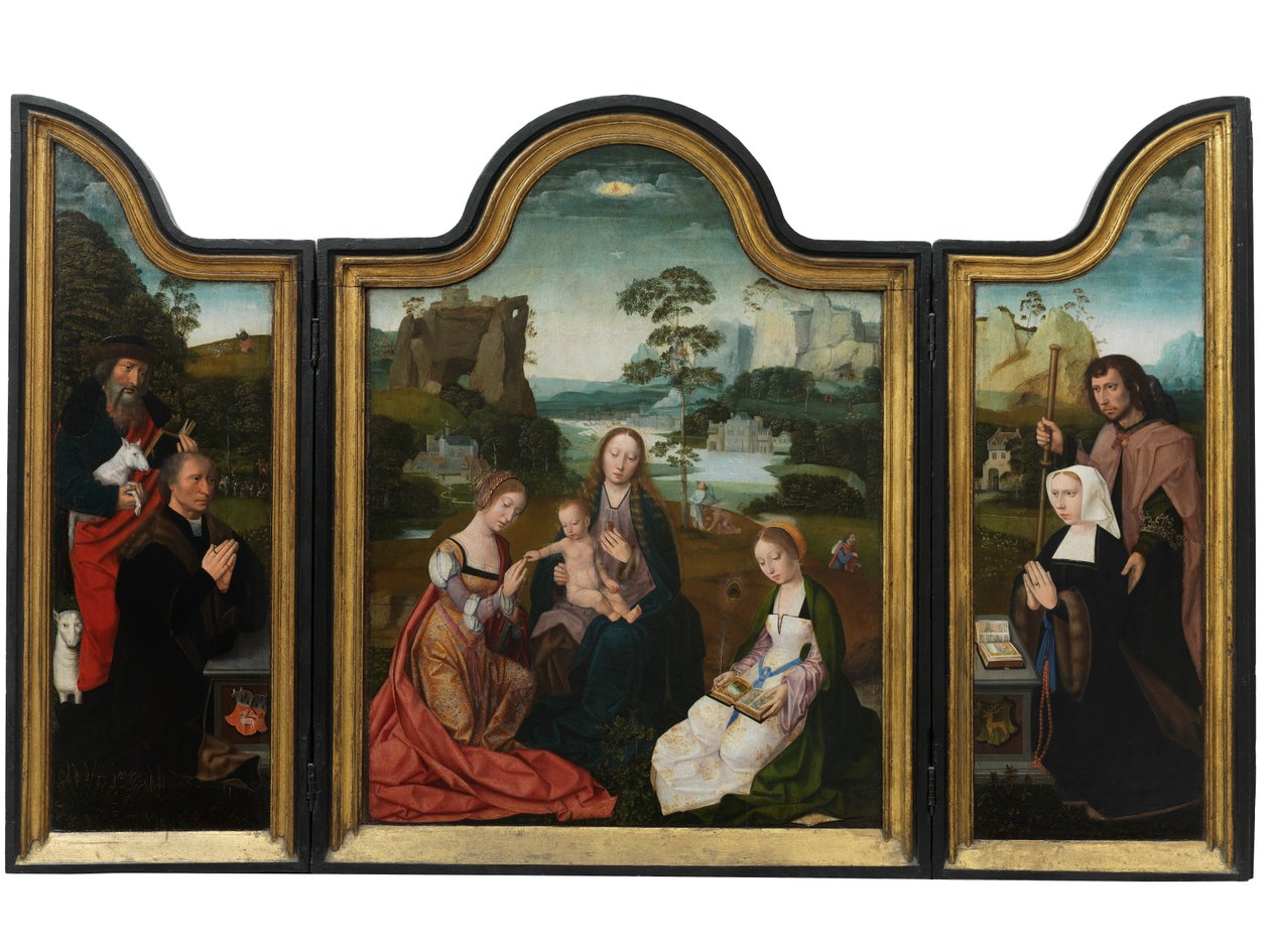 Neitsyt ja lapsi Pyhän Katariinan ja Pyhän Barbaran kanssa, n. 1520-25 (öljy paneelille) tekijältä Master of the Holy Blood