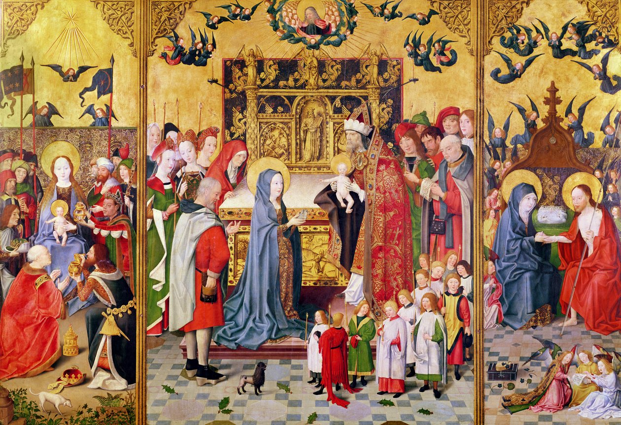 Neitsyen seitsemän ilon alttaritaulu, joka kuvaa tietäjien palvontaa, esittelyä temppelissä ja Kristuksen ilmestymistä Marialle, n. 1480 tekijältä Master of the Holy Family