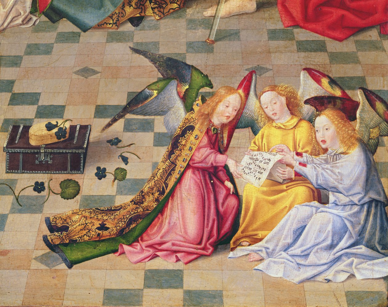 Enkelimuusikot Neitsyt Seitsemän iloa -alttaritaulun oikealta paneelilta, n. 1480 (öljy puulle) (yksityiskohta 215399) tekijältä Master of the Holy Family