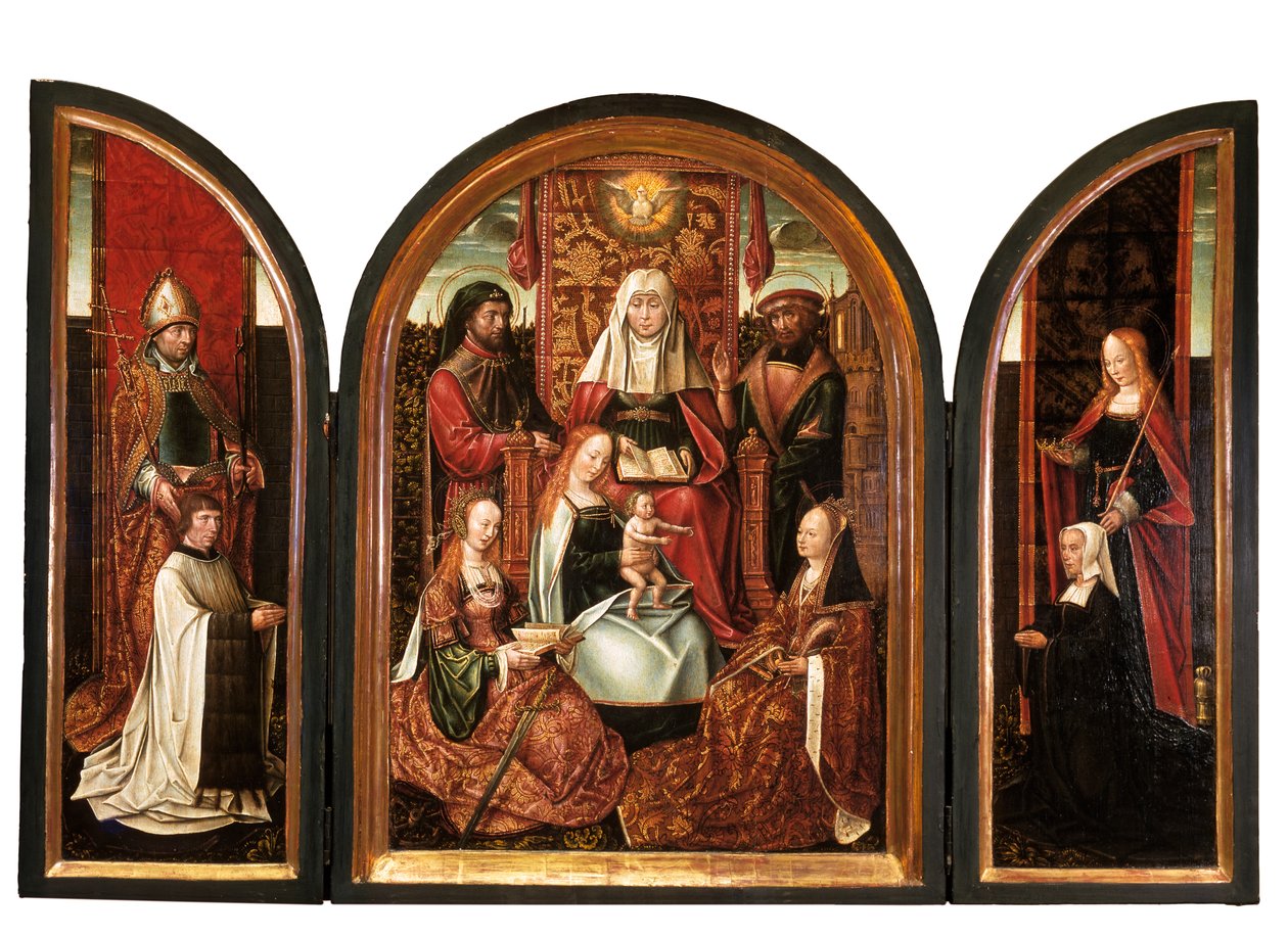 Canon St. Livinuksen kanssa (vasen siipi), Pyhän Annan perhe (keskipaneeli), lahjoittaja Pyhän Elisabetin kanssa (oikea siipi), Annunciation (suljettu) n. 1500-10 (öljy paneelissa) tekijältä Master of the Holy Family of St. Anne