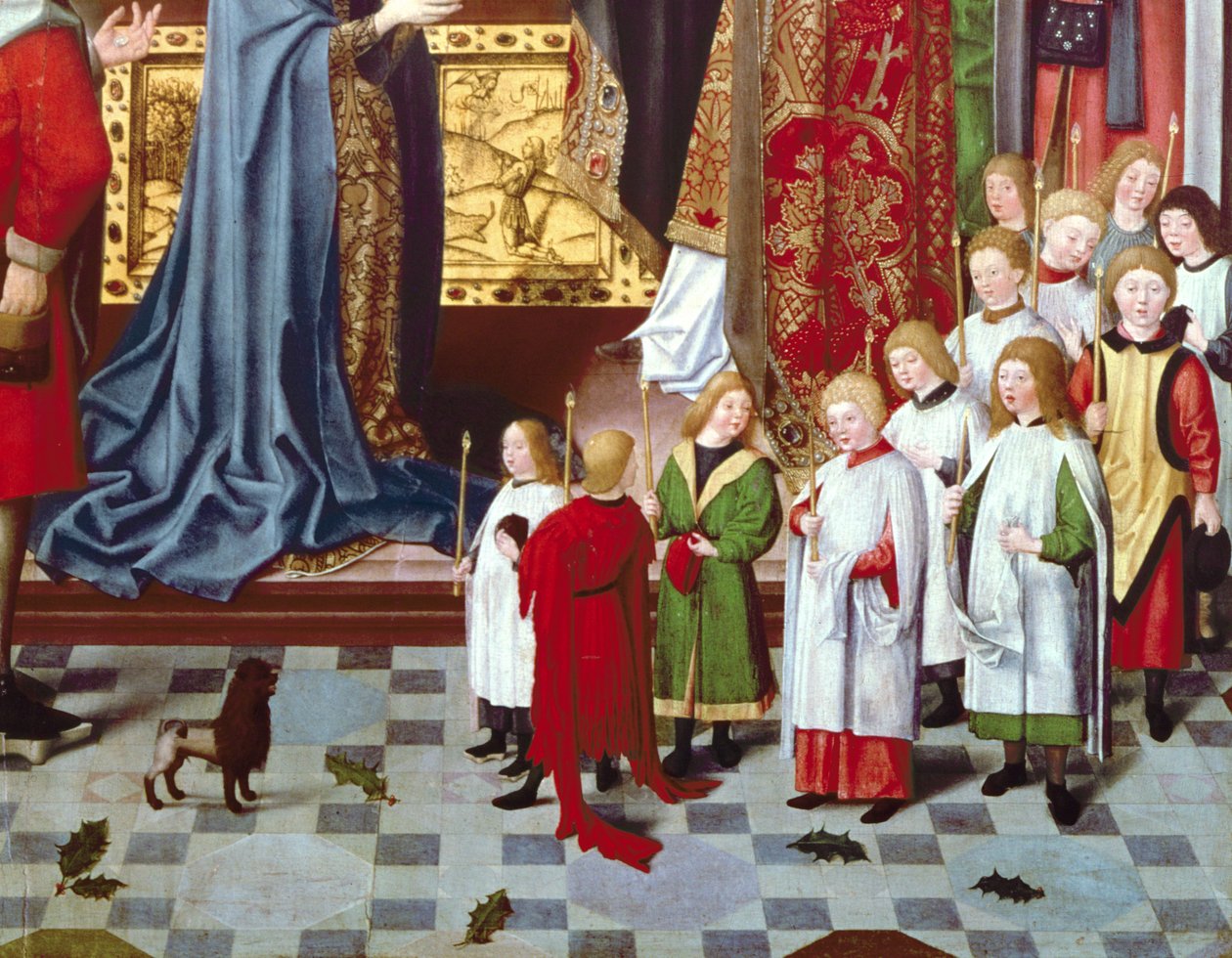 The Seven Joys of the Virgin Altarpiece: yksityiskohta poikakuorosta, n. 1480 (paneeli) (yksityiskohta 5896) tekijältä Master of the Holy Parent