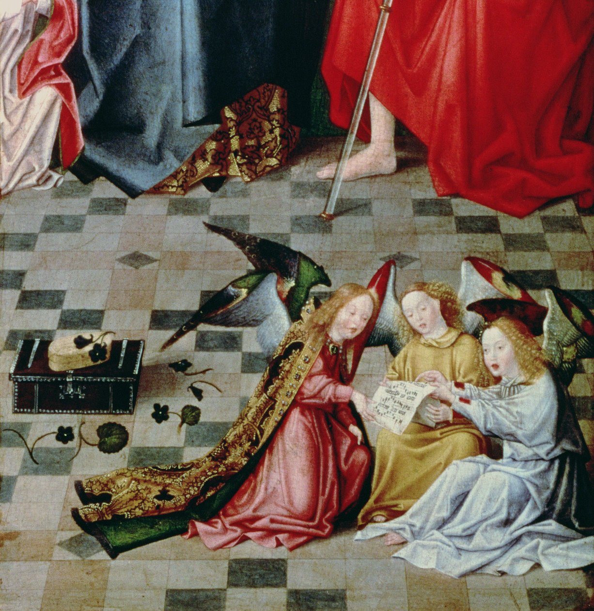 The Seven Joys of the Virgin Altarpiece: yksityiskohta kolmesta laulavasta enkelistä, n. 1480 (paneeli) (yksityiskohta 5896) tekijältä Master of the Holy Parent