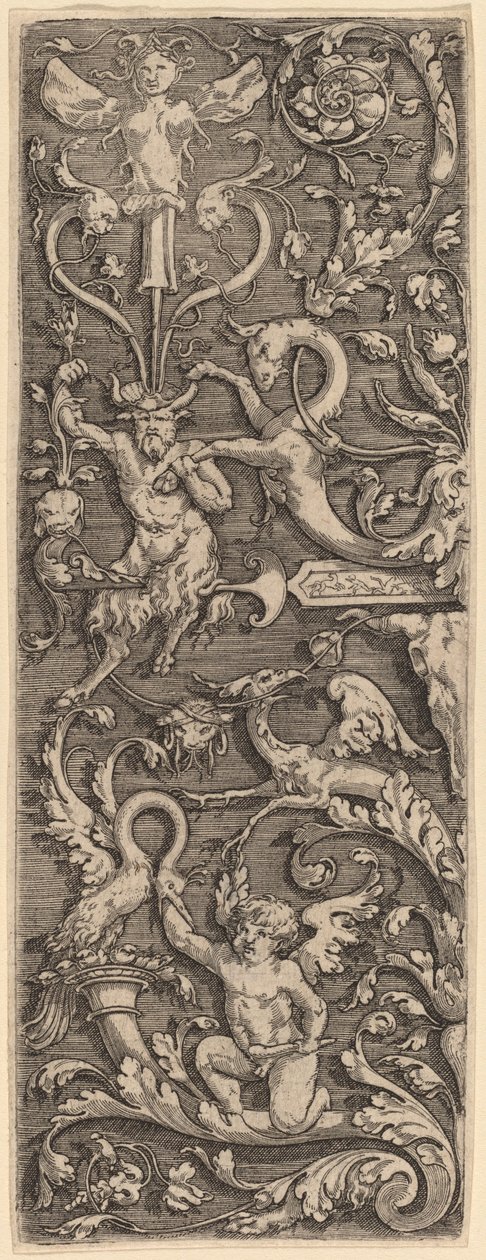 Ornamentti amorilla, satyrilla ja groteskeilla hahmoilla tekijältä Master of the Horse Heads