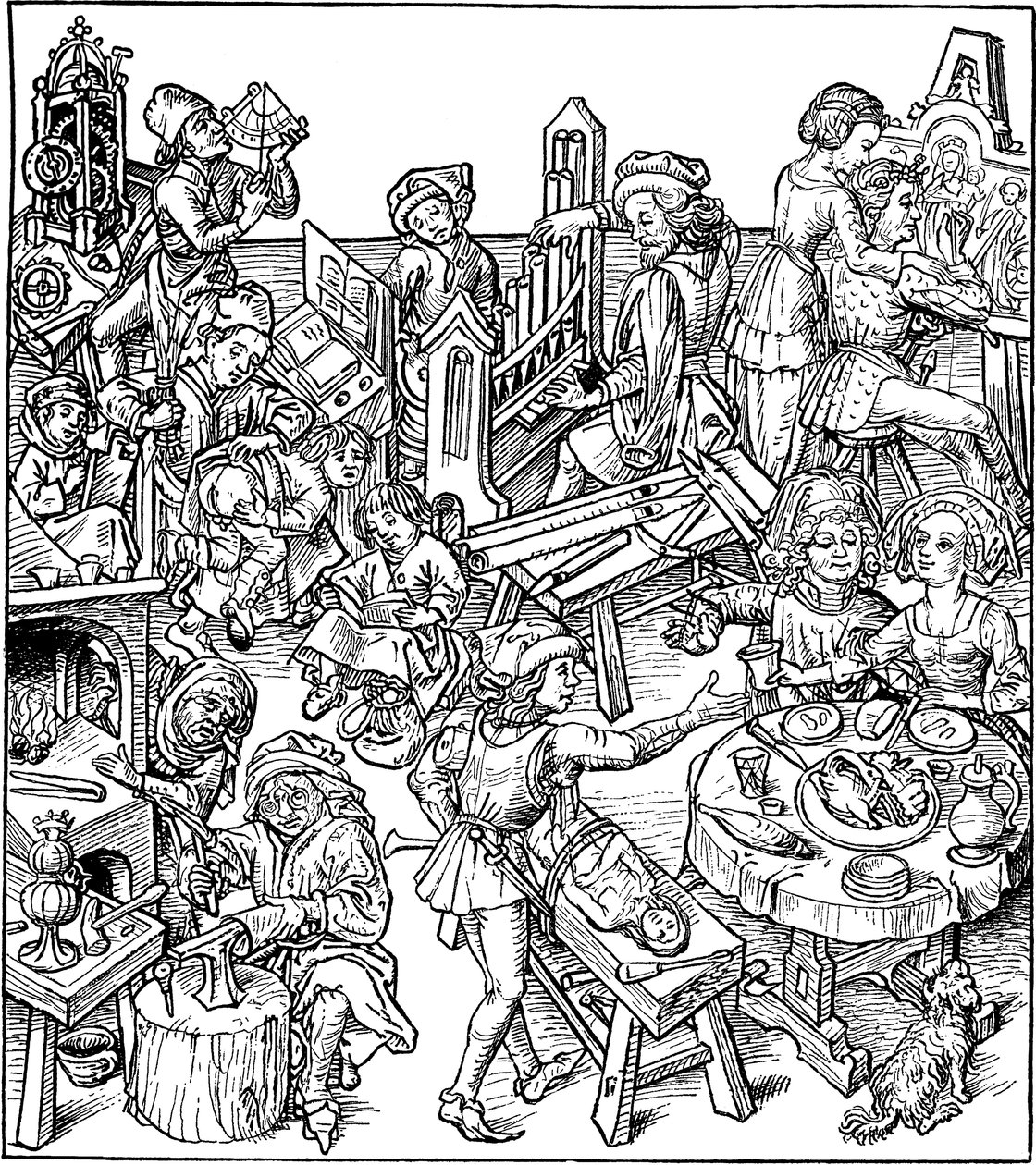 Mercury ja hänen lapsensa. Kuvitus Housebookista, 1480-luku tekijältä Master of the Housebook