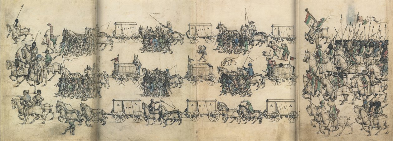 Armeijan juna Wolfeggin linnan keskiaikaisesta kotikirjasta, n. 1485 tekijältä Master of the Housebook of Wolfegg