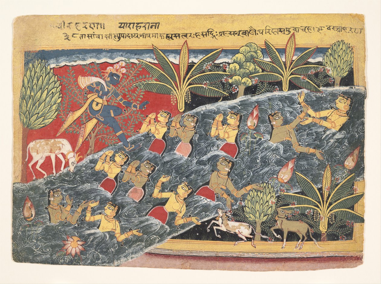 Gopit anovat Krishnaa palauttamaan vaatteensa: Folio from Isarda Bhagavata..., n. 1560-65 tekijältä Master of the Isarda