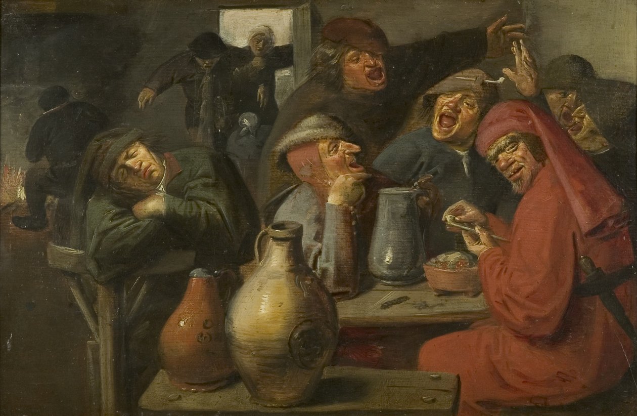 Tavernan sisustus, talonpoikien karuselli, n. 1635 (öljy paneelille) tekijältä Master of the Large Jar