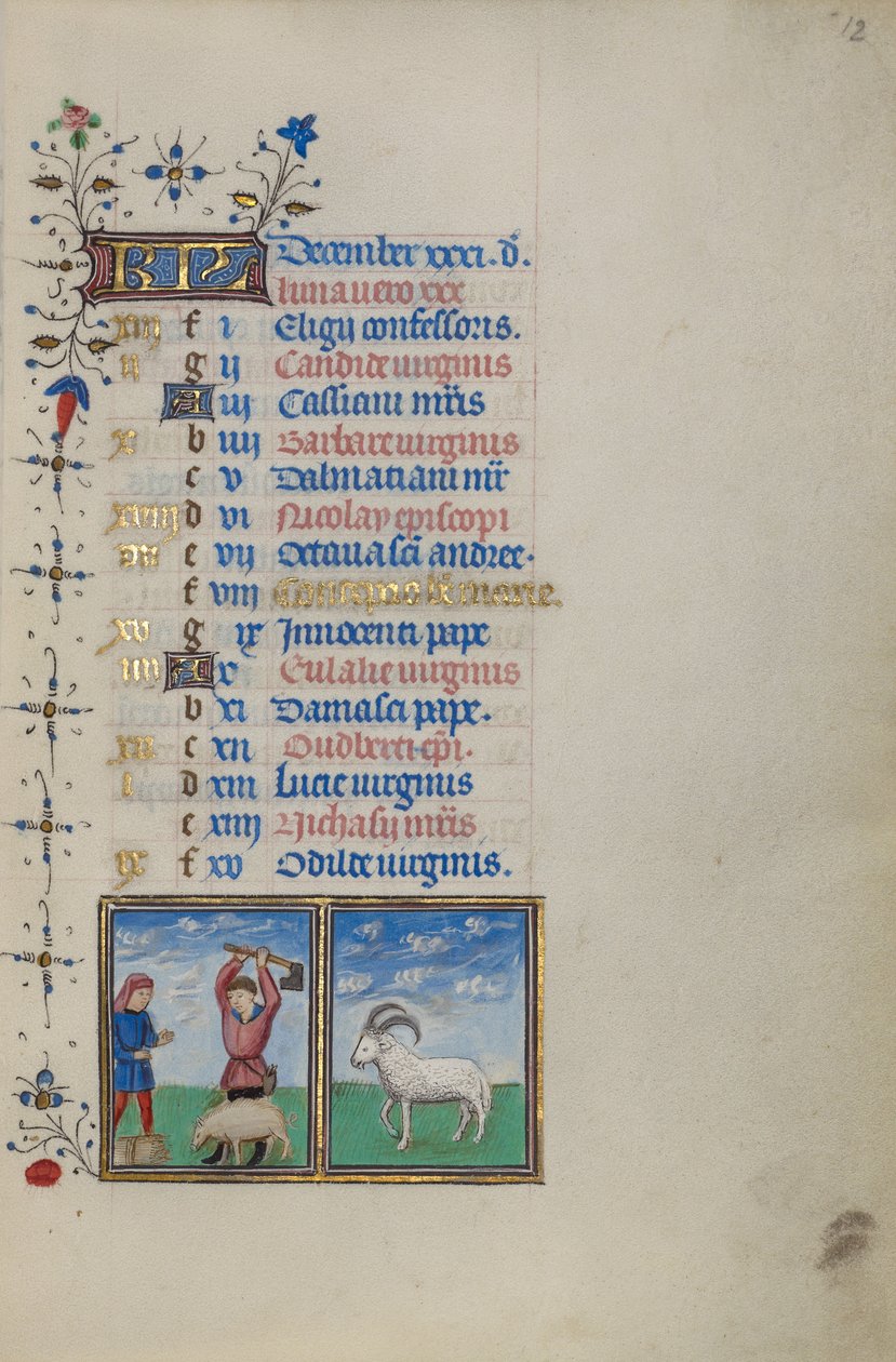 Kalenterisivu joulukuussa; Sian teurastus; Kauris tekijältä Master of the Lee Hours
