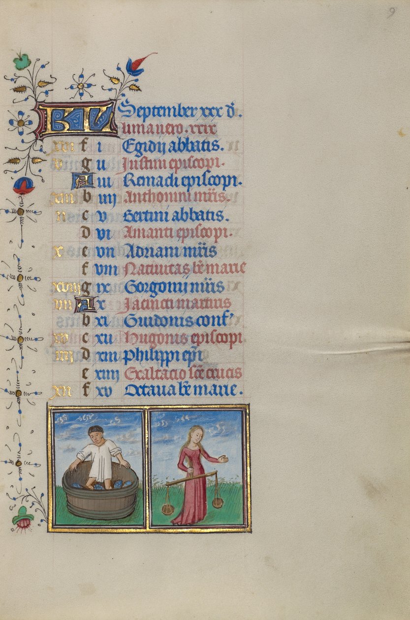 Kalenterin sivu syyskuulle; Viinin tekeminen; Vaaka tekijältä Master of the Lee Hours