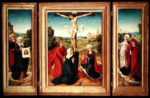 Triptyykki, jonka keskipaneeli kuvaa ristiinnaulitsemista Neitsyen, Pyhän Johanneksen ja Maria Magdaleenan kanssa; vasen siipi: St. Veronica and a Female Saint; ja oikea siipi: The Two Marys (öljy paneelissa) tekijältä Master of the Legend of St. Catherine