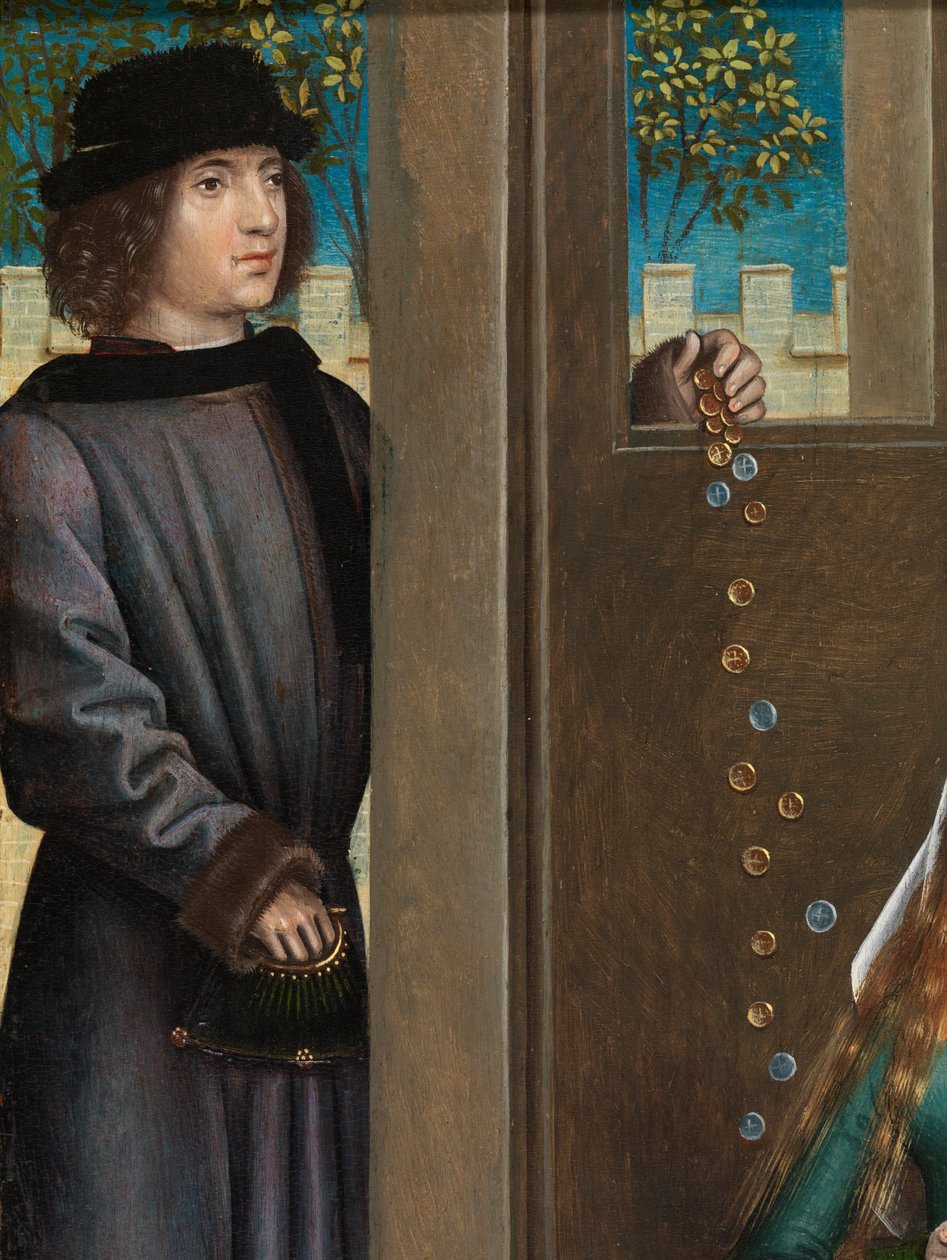 Yksityiskohta Pyhän Nikolauksen hyväntekeväisyydestä, Pyhän Nikolauksen alttaritaulusta, n. 1486-1493 (öljy paneelissa) tekijältä Master of The Legend of St. Lucy