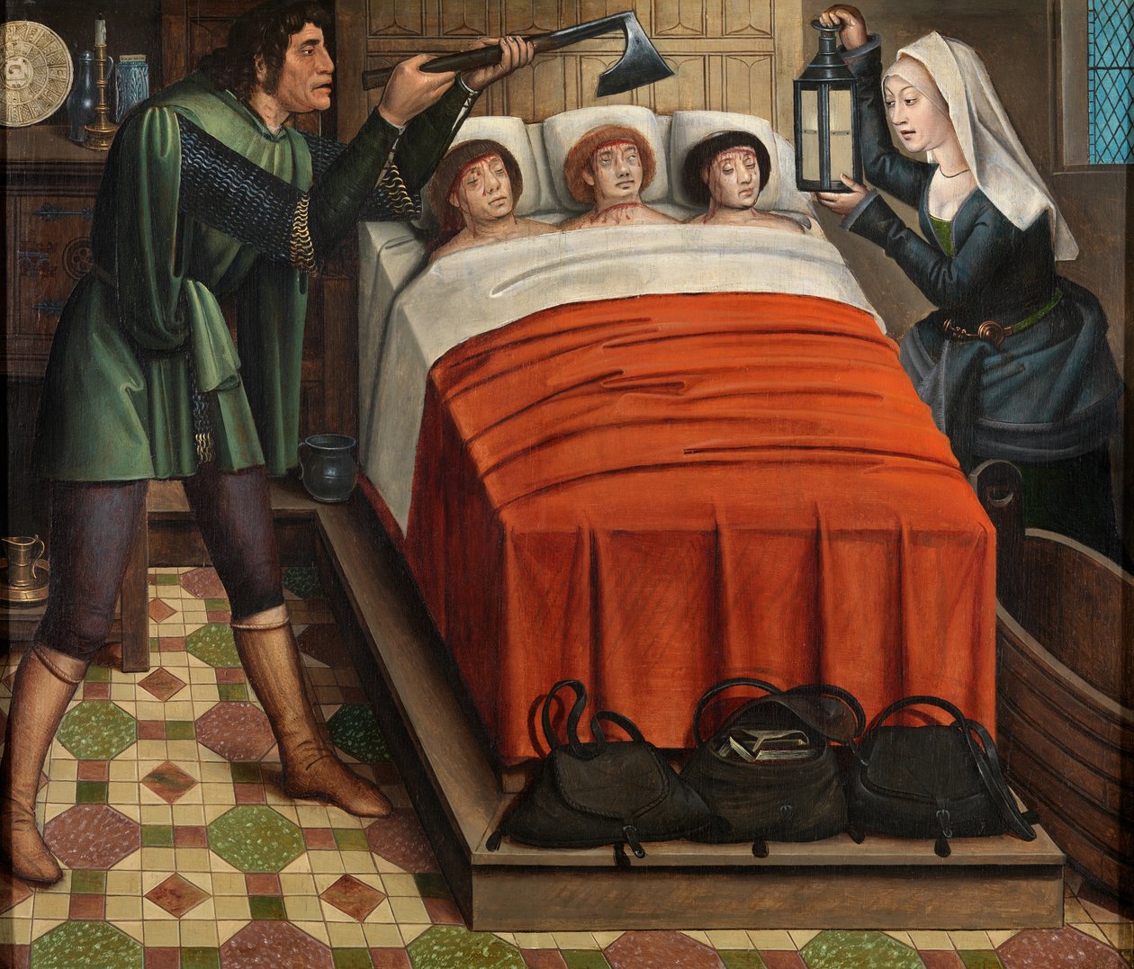 Paha teurastaja, Pyhän Nikolauksen alttaritaulusta, n. 1486-1493 (öljy paneelille) tekijältä Master of The Legend of St. Lucy