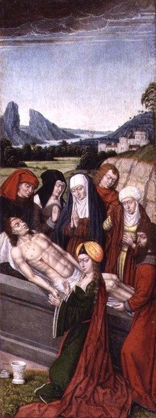 The Tombment (grisaille-öljyt paneelissa) tekijältä Master of the Legend of St. Ursula (circle)