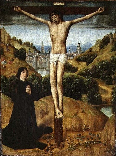 Kristus ristillä lahjoittajan kanssa, 1480-luvun loppu (öljy paneelissa) tekijältä Master of the Legend of St. Ursula