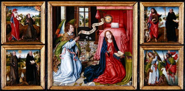 Julistuksen triptyykki, n. 1483 (öljy paneelille) tekijältä Master of the Legend of St. Ursula