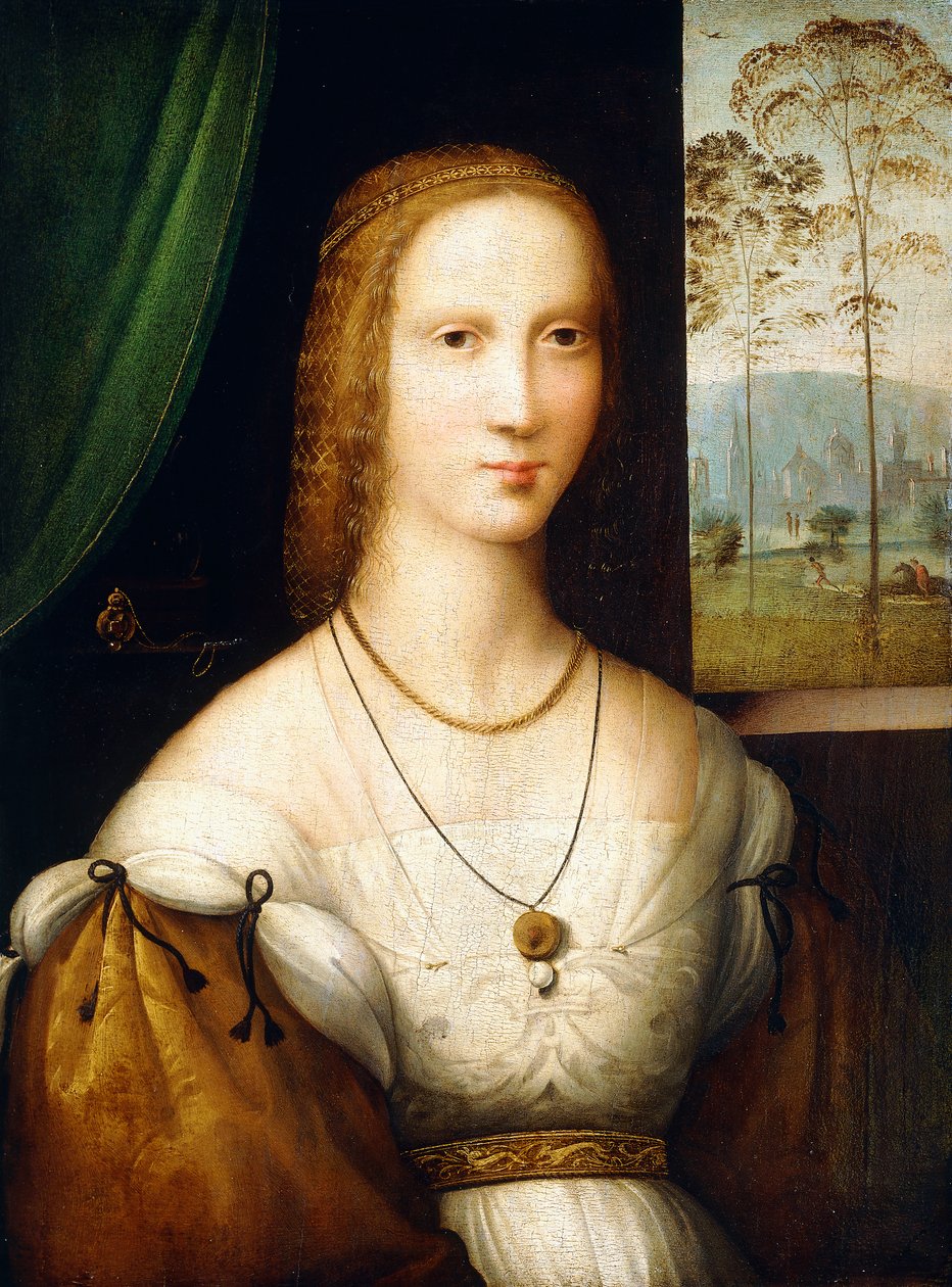 Naisen muotokuva, puolipitkä, yllään valkoinen mekko kultaisilla hihoilla tekijältä Master of the Leonardesque Female Portraits