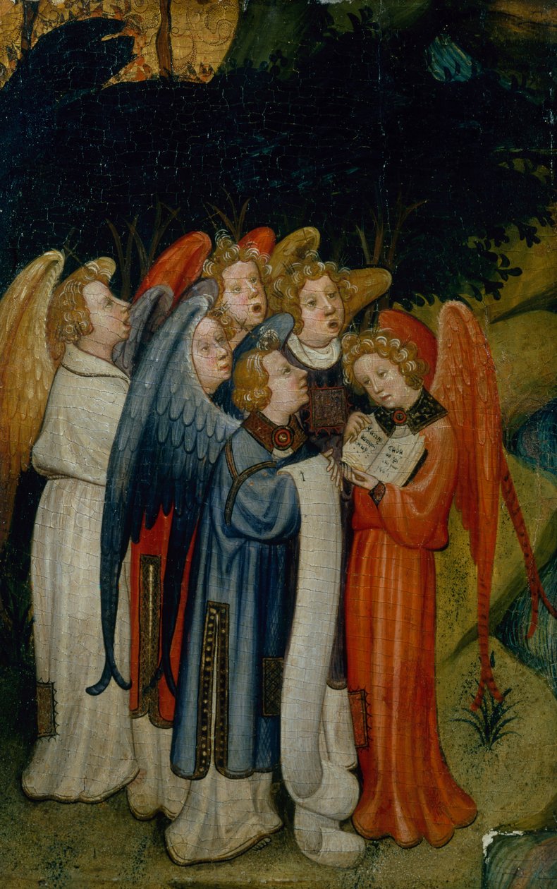 Enkelikuoro, fragmentti, luultavasti syntymästä (öljy kultalevylle) tekijältä Master of the Lindau Lamentation