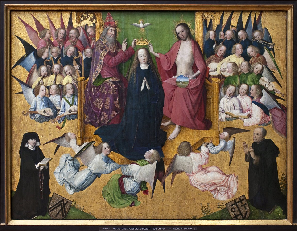 Marian kruunajaiset. Pyhän Kolminaisuuden esitys: Jumala, Jeesus Kristus ja Pyhän Hengen kyyhkynen (Pyhä Henki). Maalaus Lyversbergerin intohimon mestarista (toimii 1460-1490), öljy puulle, varhainen saksalainen taide 1400-luvulta. München, Alte tekijältä Master of the Lyversberg Passion